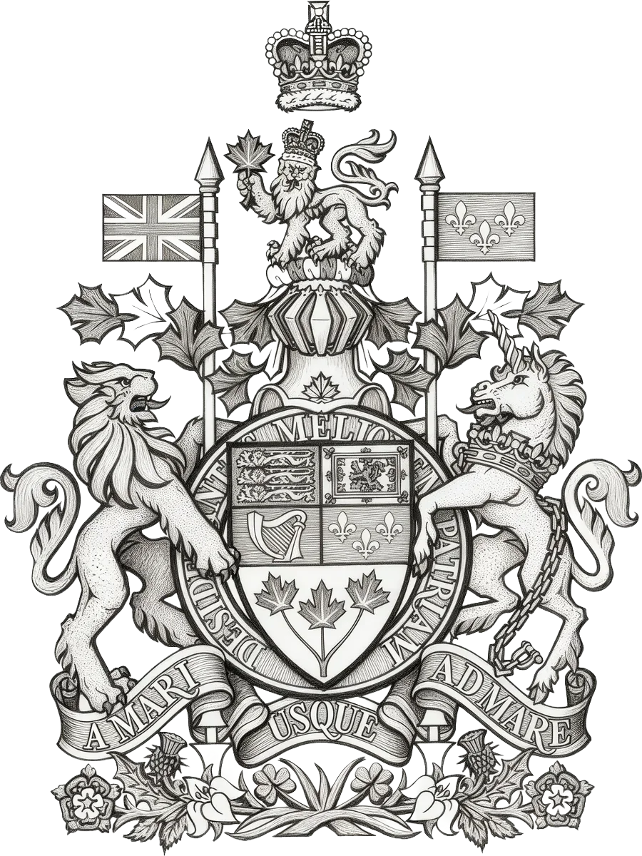 The Arms of Canada, engraved: lion and unicorn supporting the shield beneath the crown, with the motto A mari usque ad mare.