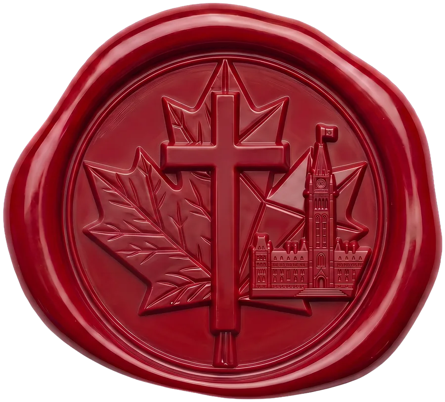 The wax seal of the Boniface Presbytery: a cross before a maple leaf and the Peace Tower of Parliament, pressed in crimson wax.